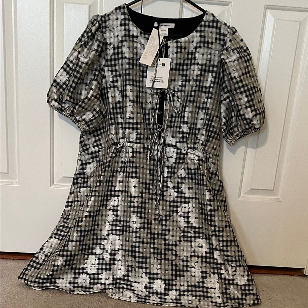 Urban Outfitters Black and White Gingham Floral Midi Dress